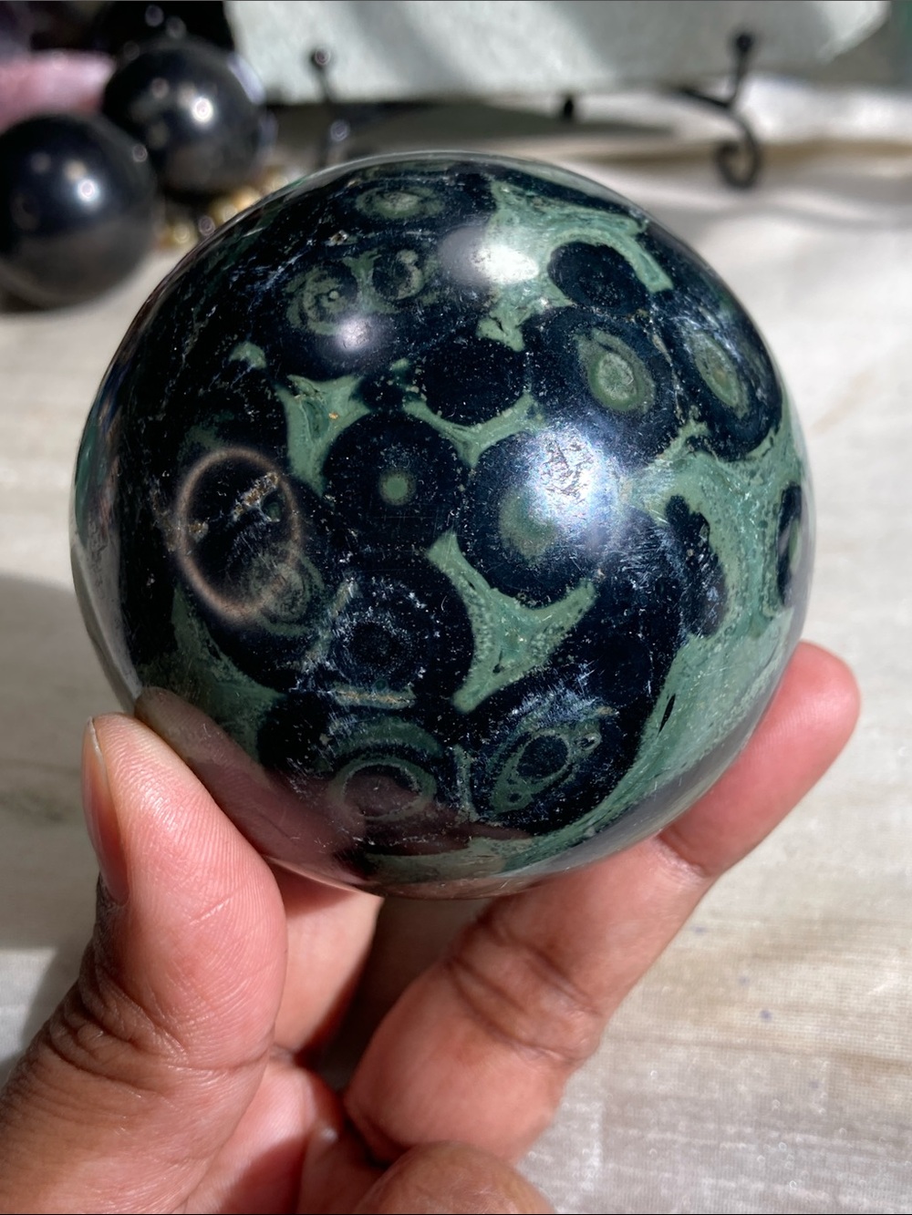 Green and Black Polished Orb Sculpture - Natural Stone Accent